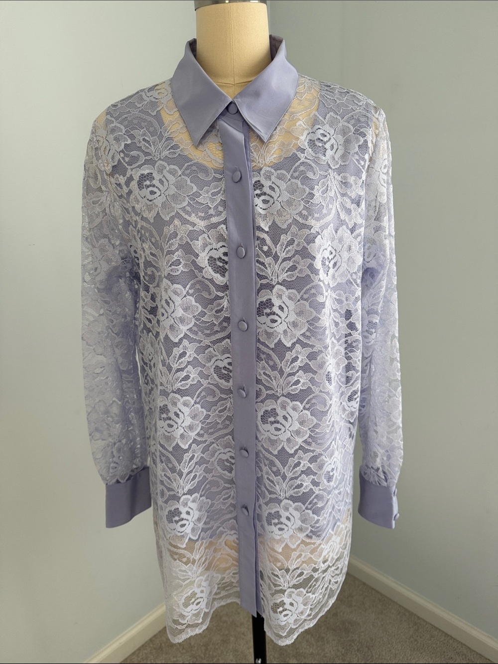 Bob Mackie Wearable Art Long Sleeve Button Front Lace Overlay Blouse SZM